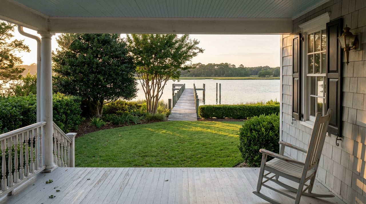 Weathered porch with a painted rocking chair overlooks a lawn, garden, wooden dock, and calm tidal creek.