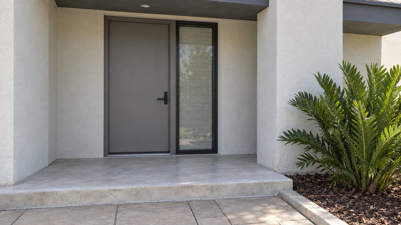 Close view of a contemporary covered entry with pale stucco, a gray slab door, dark-framed sidelight, concrete step and coontie planting.