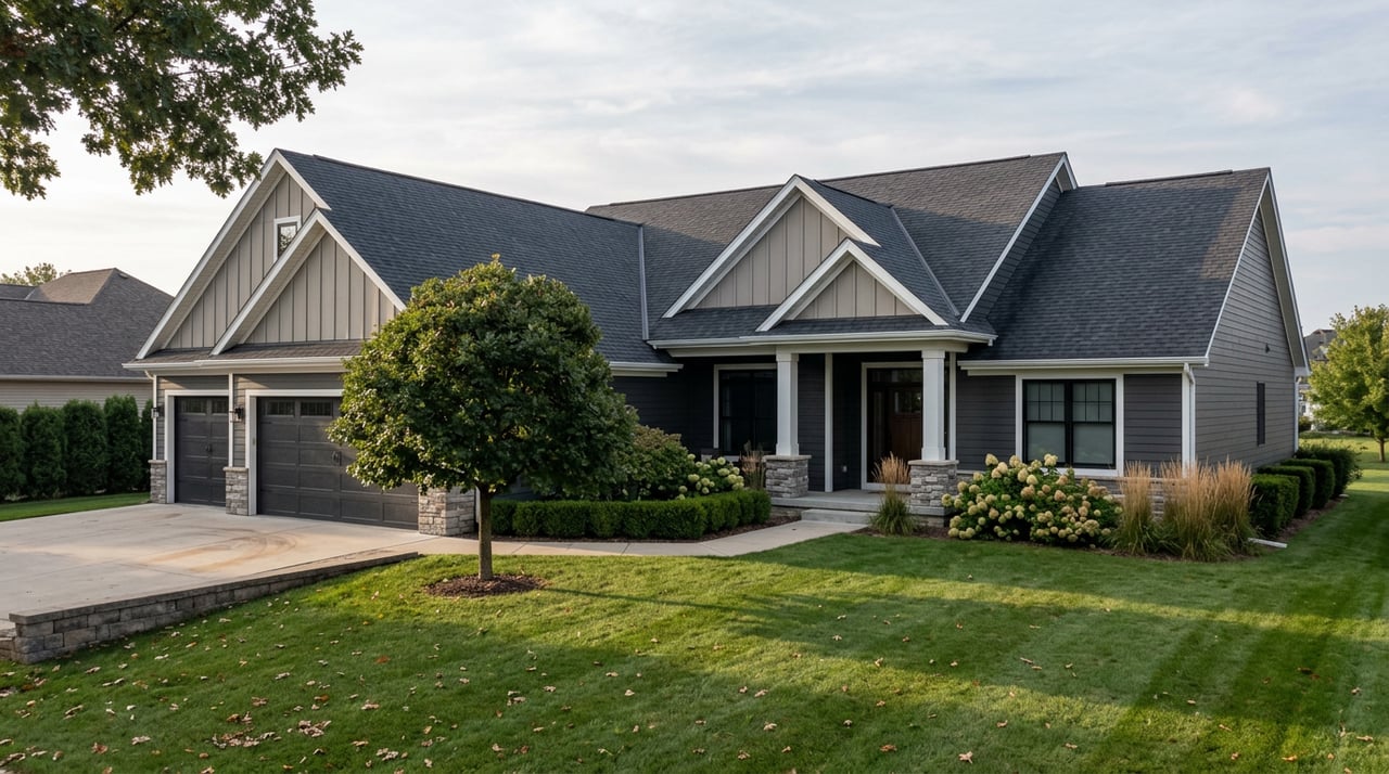 Suburban house with charcoal siding, three-car garage, mature oak tree, and a broad front lawn.