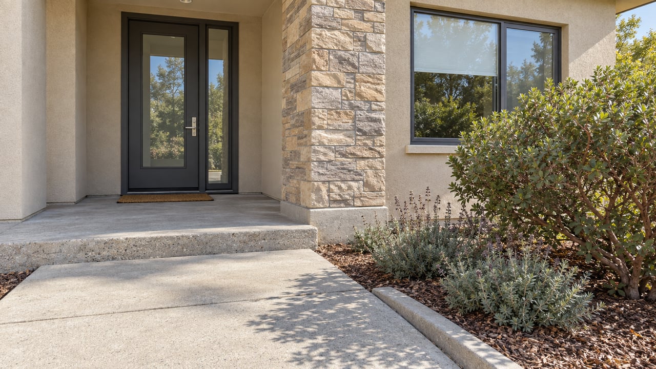 Sunlit stucco home entry with a charcoal glazed door, buff stone pier, concrete walkway and sculptural drought-tolerant planting.