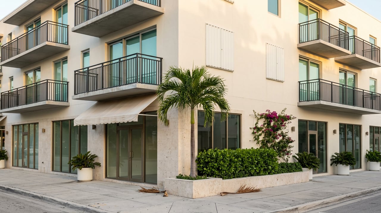 Boutique corner building with glazed storefronts, balconies, a royal palm, and bougainvillea in warm late-afternoon light.
