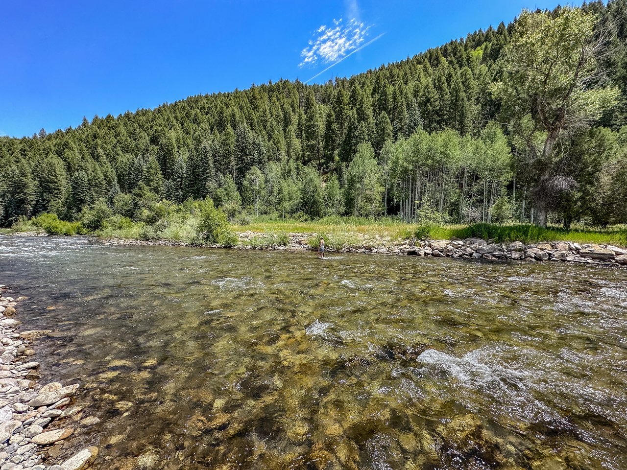 Clear river flowing past a rocky bank beneath forested hills.