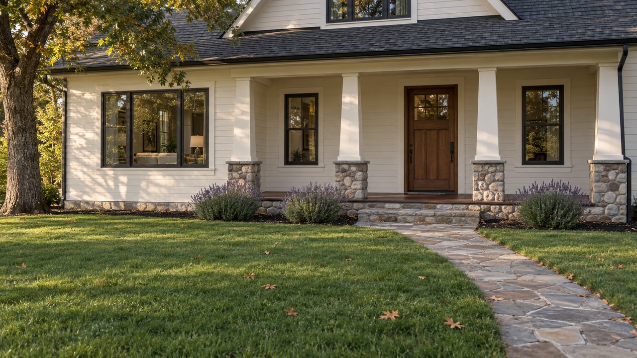 Updated traditional house with a covered porch, flagstone path, deep lawn, and oak tree at left.