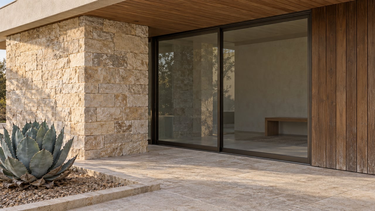 Close exterior view of a limestone and wood home terrace with closed bronze-framed glass doors and a blue-gray agave in a gravel bed.