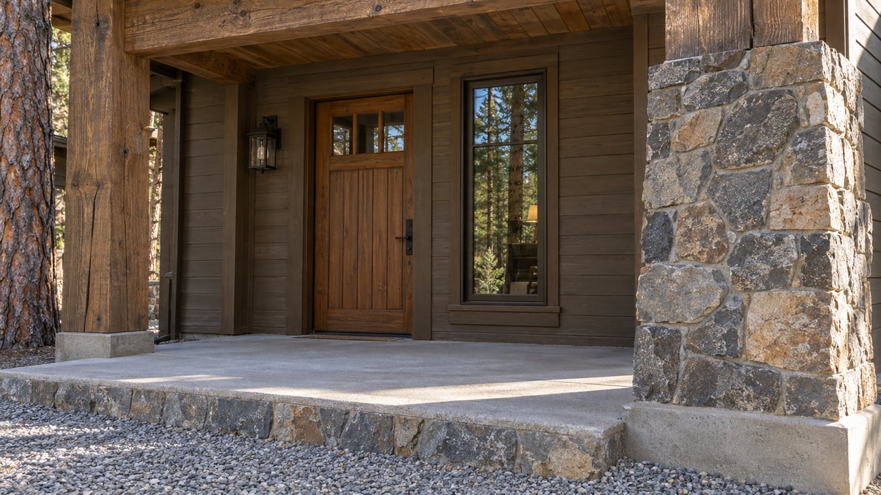 A shaded timber entrance with a closed wood door, bronze-framed window, weathered stone pier, and a concrete step meeting a gravel approach.