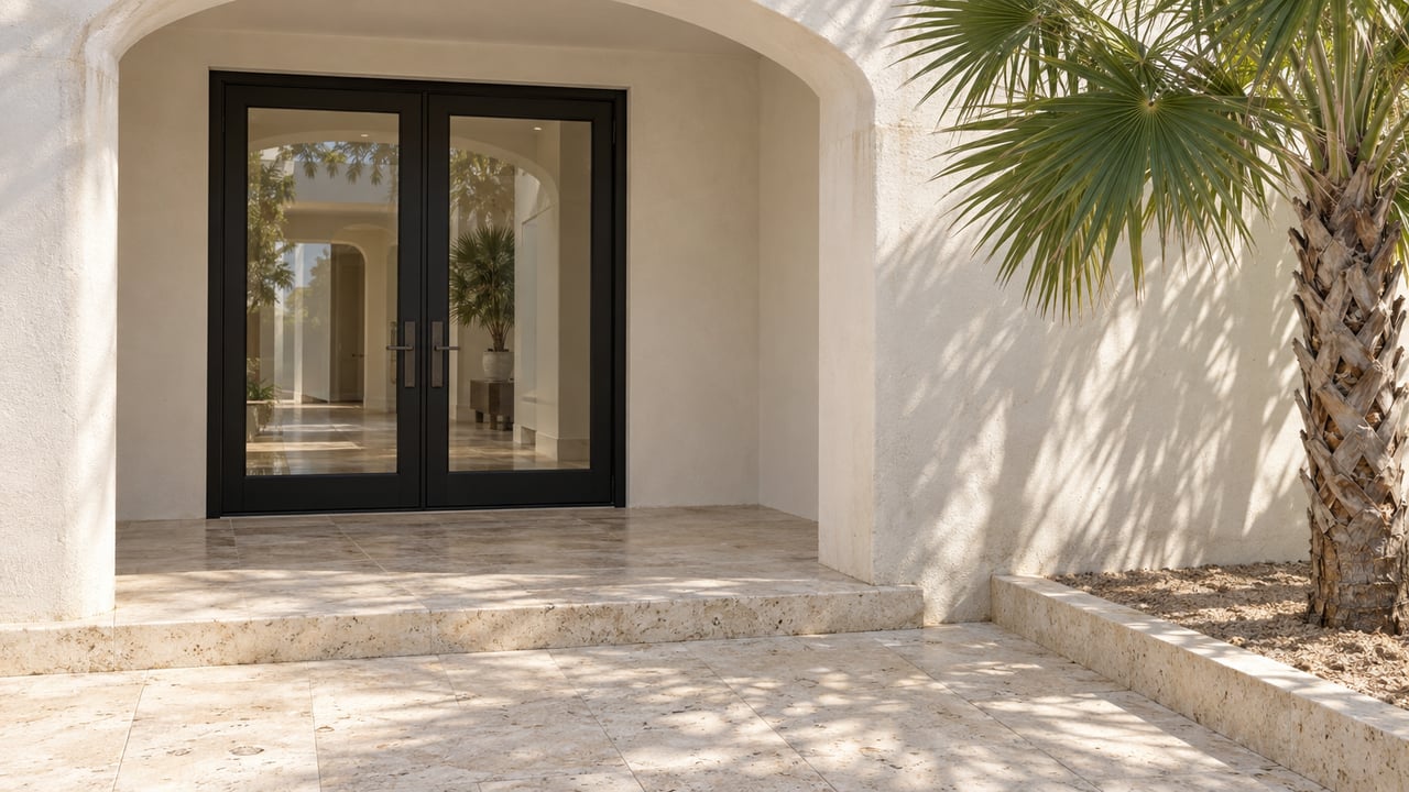 Warm-white arched home entrance with black-framed glass double doors, cream shell-stone paving and a single fan palm.