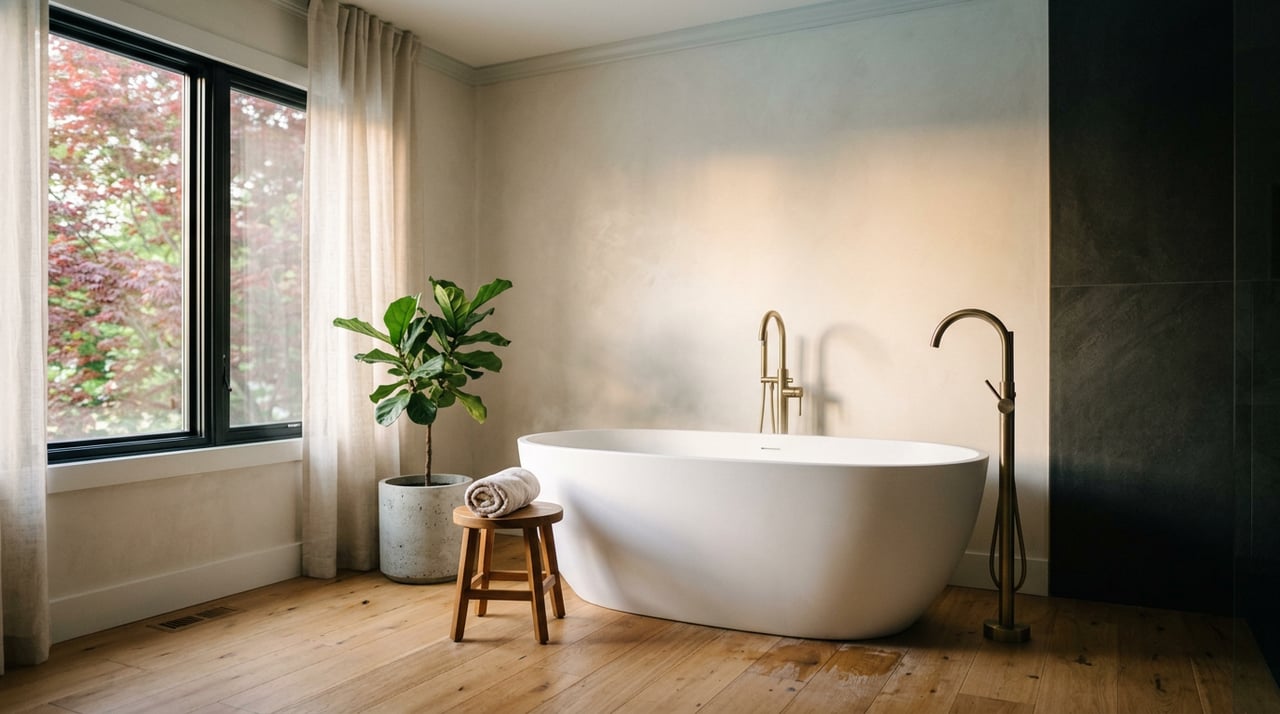 Matte white freestanding tub against a charcoal tile wall, with a brass filler, linen-curtained window, and teak stool.