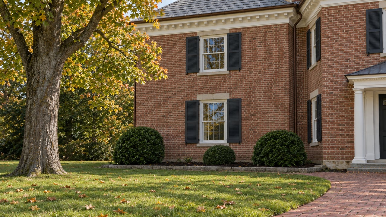 Sunlit brick house with paired shuttered sash windows, weathered slate roofing, and an autumn sugar maple beside a deep lawn and brick approach.