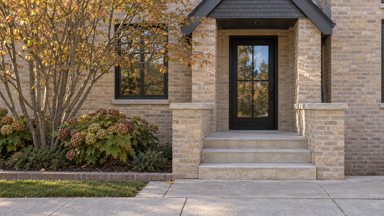 Townhome entry with a glazed black door, limestone steps, and amber serviceberry leaves beside the sidewalk.