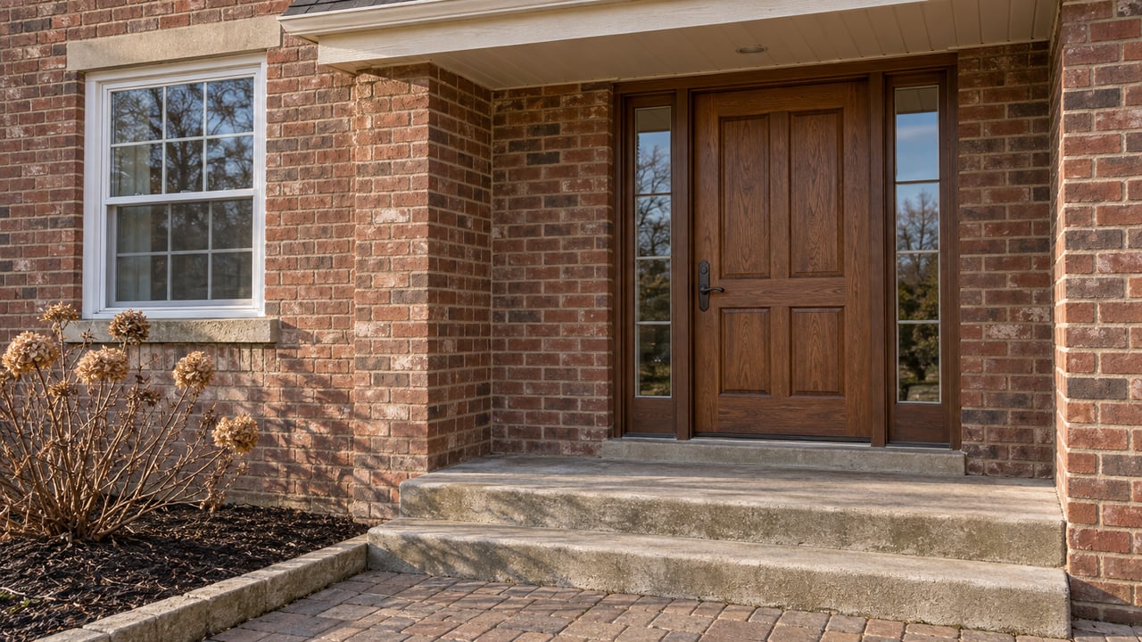 Winter morning light across a brick home's oak doorway, paired sidelights, concrete steps and dried oakleaf hydrangea flowers.