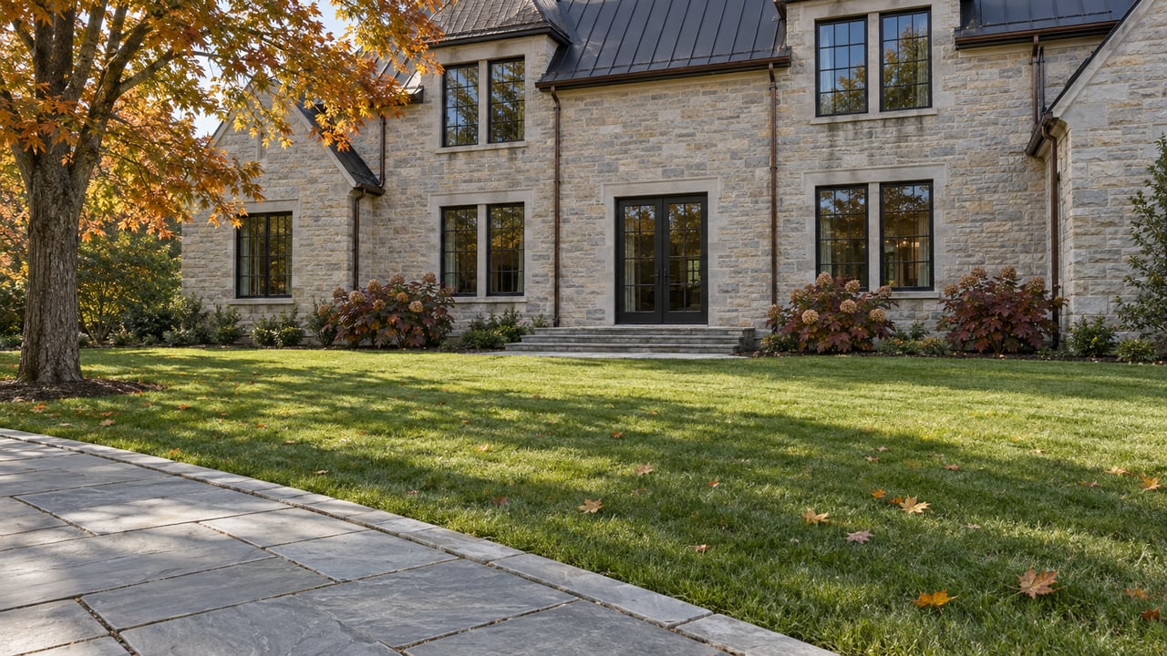 Stone residence with tall black-framed windows beyond a broad autumn lawn and gray-blue flagstone terrace, beside an amber-leaved maple.