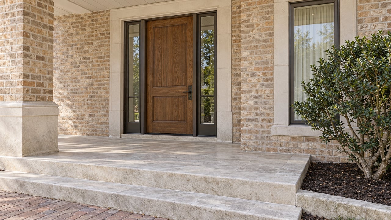 Covered brick entry with an oak door, matching glass sidelights, limestone steps and one sculptural yaupon holly.