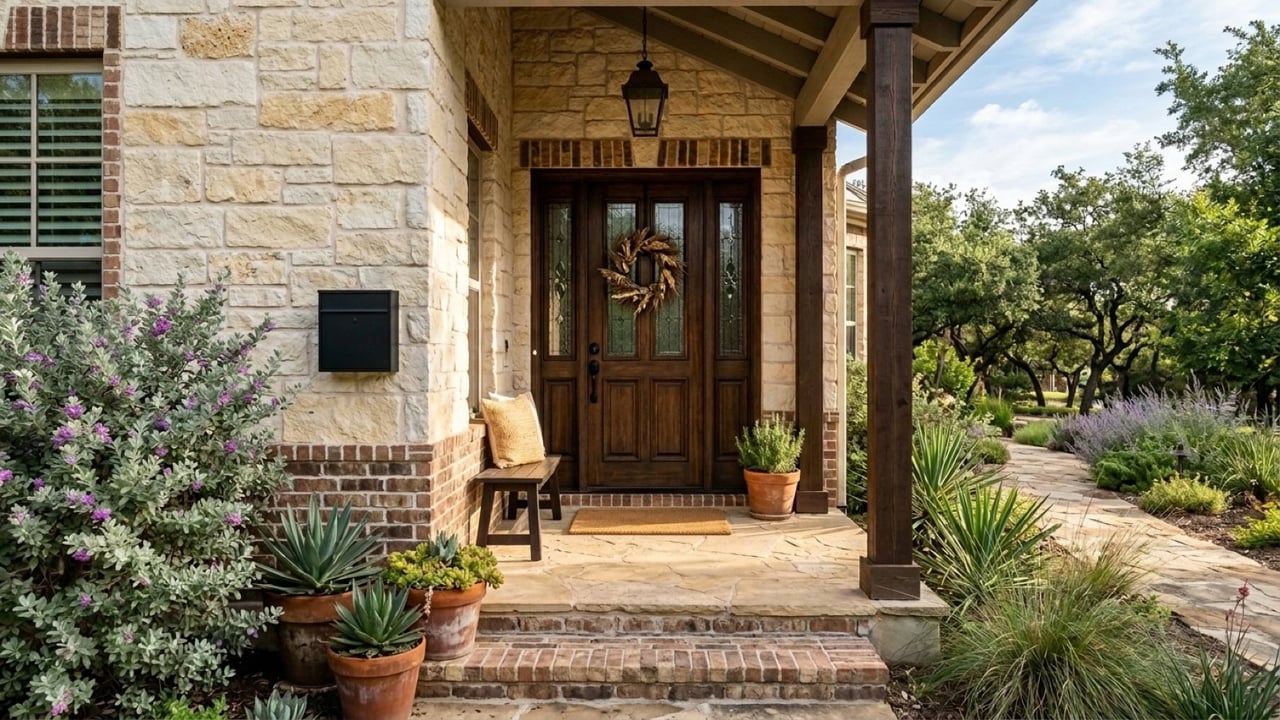 Front porch of a brick and stone home in Central Texas with a black mailbox beside the front door