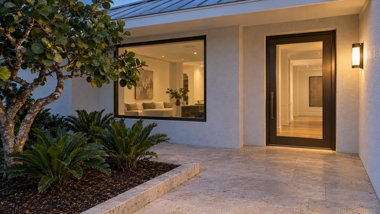 Warmly lit bronze-framed entry in a white stucco home at dusk, with limestone paving and sculptural sea grape planting.