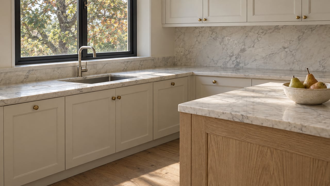 Daylit condominium kitchen with honed marble counters, white inset cabinetry, a natural oak island and a closed black-framed window overlooking an oak canopy.