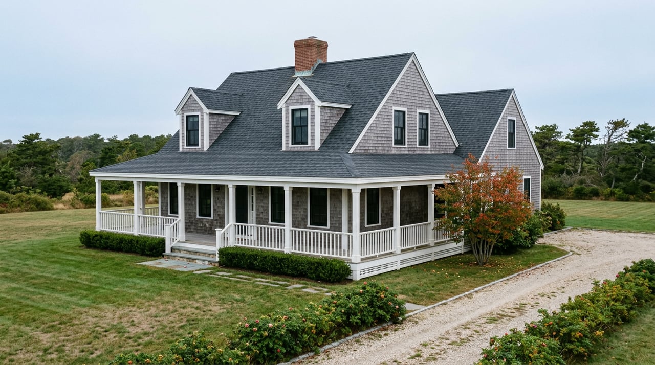 Gray-shingled two-story house with white trim, wraparound porch, red brick chimney, and early-fall planting.