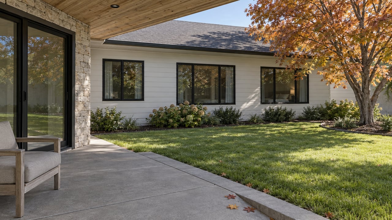 Autumn sunlight crosses a lawn beside a covered concrete patio, pale wood chair, and white-sided home with black-framed windows.