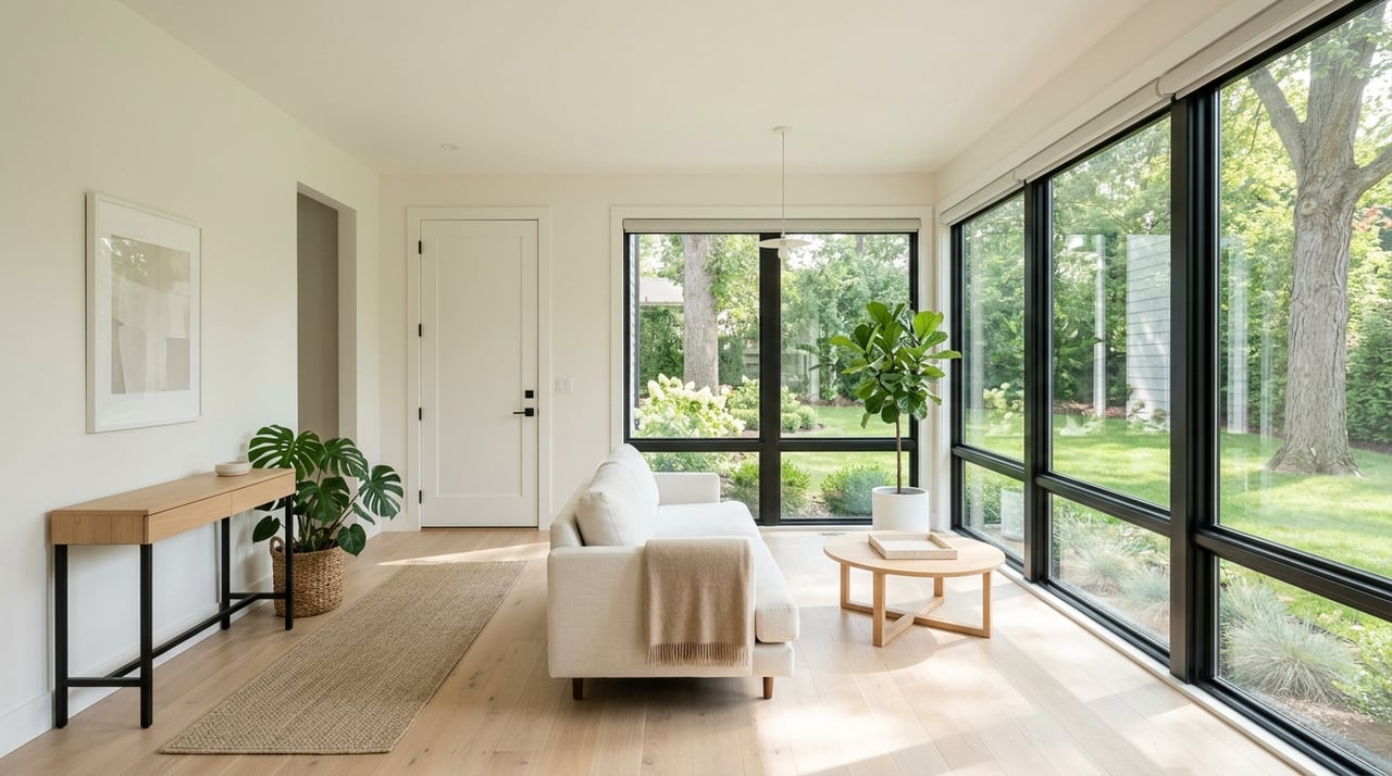 Great room with a window wall, viewed diagonally from the front entry.
