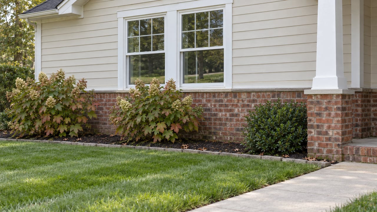 Cream-sided house with paired windows above red-brown brick, hydrangeas, and a lawn beside a concrete path.