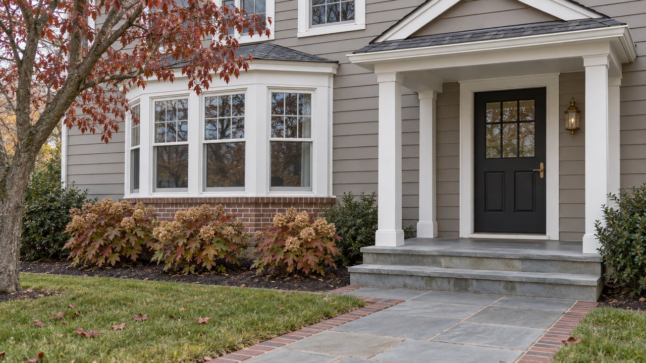 Gray clapboard home with a brick-based window bay, sheltered black front door, bluestone approach and russet autumn planting.