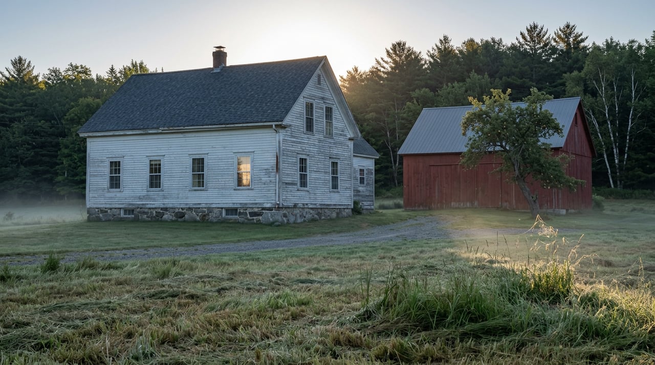 Weathered white farmhouse and red barn across a misty hayfield, backed by forest at sunrise.