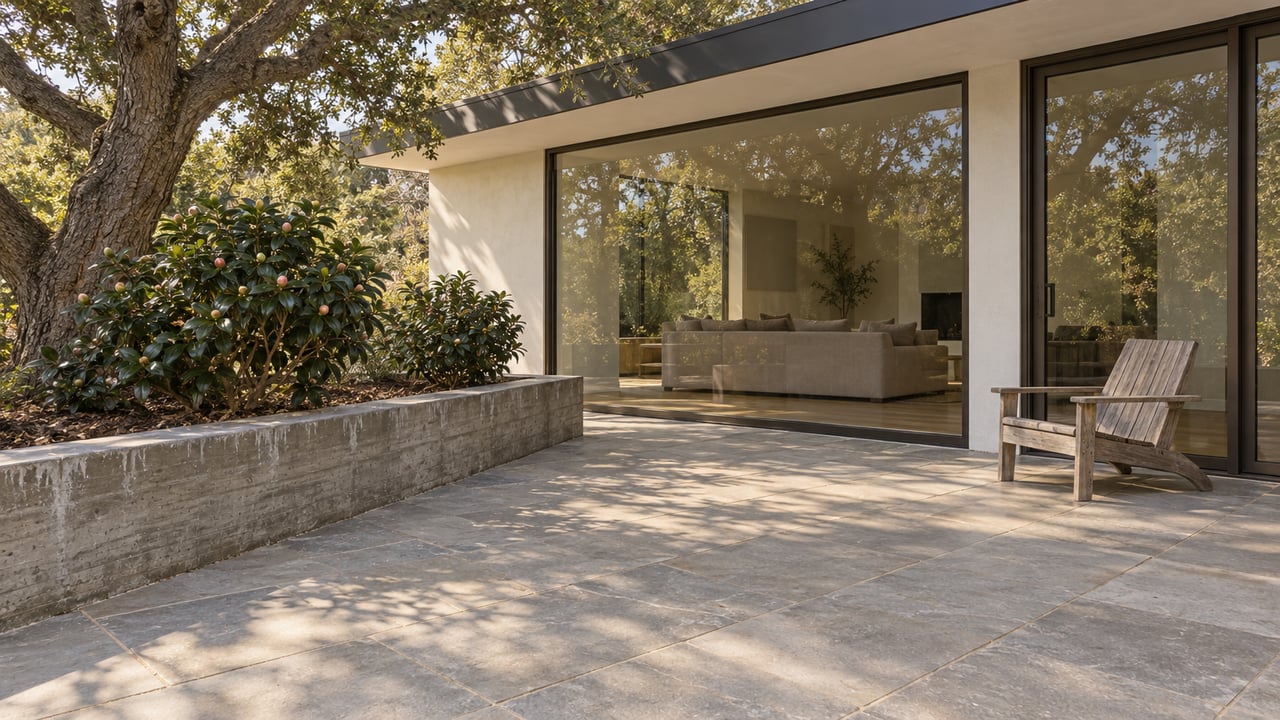 Contemporary home with dark-framed glass doors, limestone terrace and a mature oak beside a raised garden bed.
