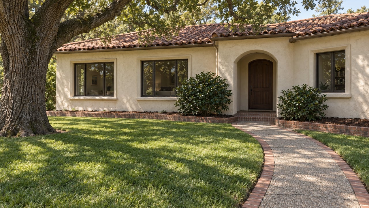 Stucco house with a tile roof, arched entry, curved walkway, and large shade tree.