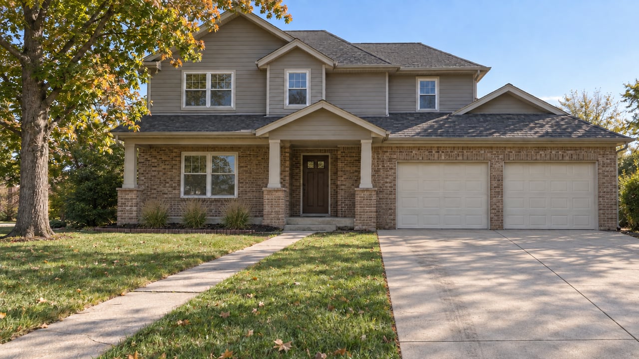 Two-story gray-and-brick house with a covered entry, two-car garage, and autumn tree.
