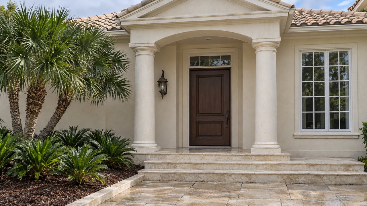 Ivory stucco home entrance with paired columns, a recessed oak door, shell limestone steps, and sculptural native planting.