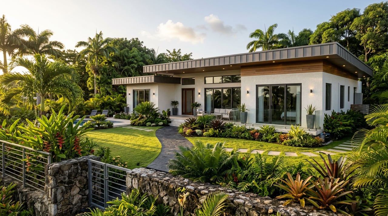 White stucco villa behind a tropical garden, with coral-stone path, peeling-bark tree, and palms.