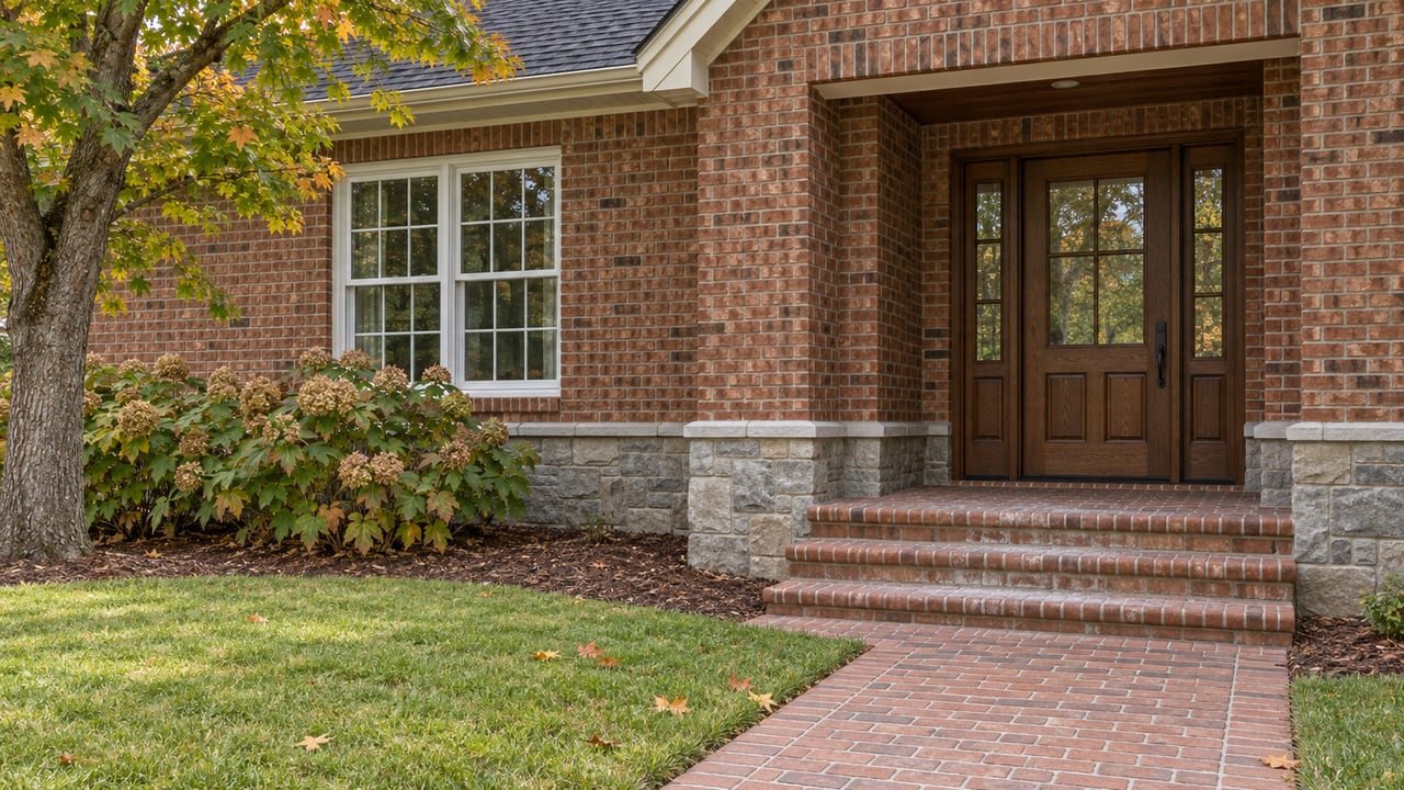 Brick home entry with an oak door, paired sidelights, broad brick steps and oakleaf hydrangeas beside a lawn.