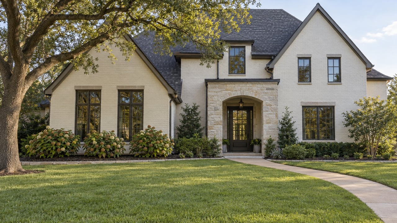Ivory brick home with steep dark gables, tall windows, a curved front walk, and a broad lawn beneath a spreading live oak.