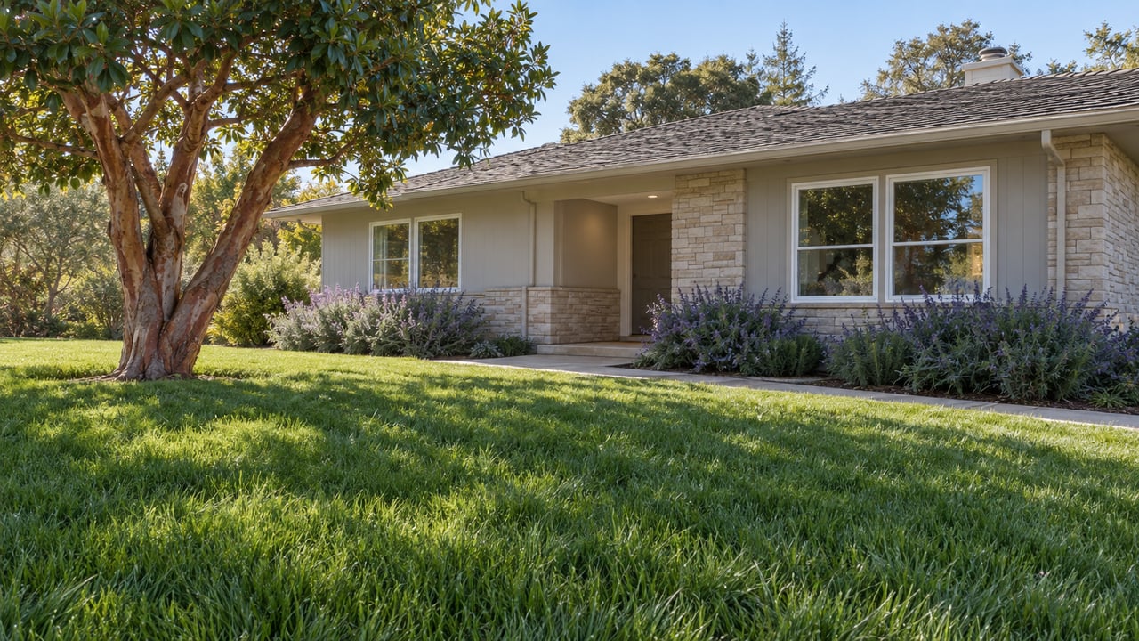 Single-story ranch house with gray siding, an oak door, broad lawn, and a mature tree.