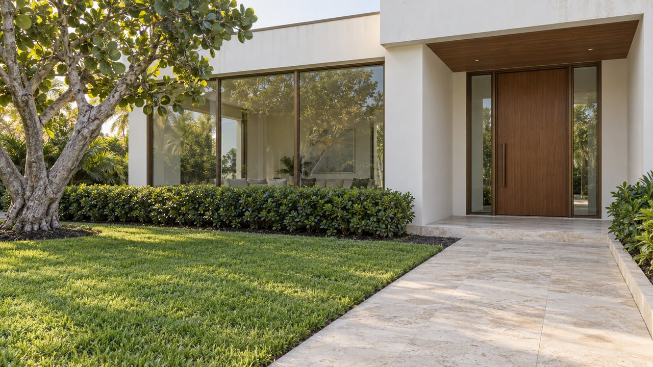 Ivory stucco home with bronze-framed windows, a recessed timber entrance, limestone approach and a sculptural sea grape tree.