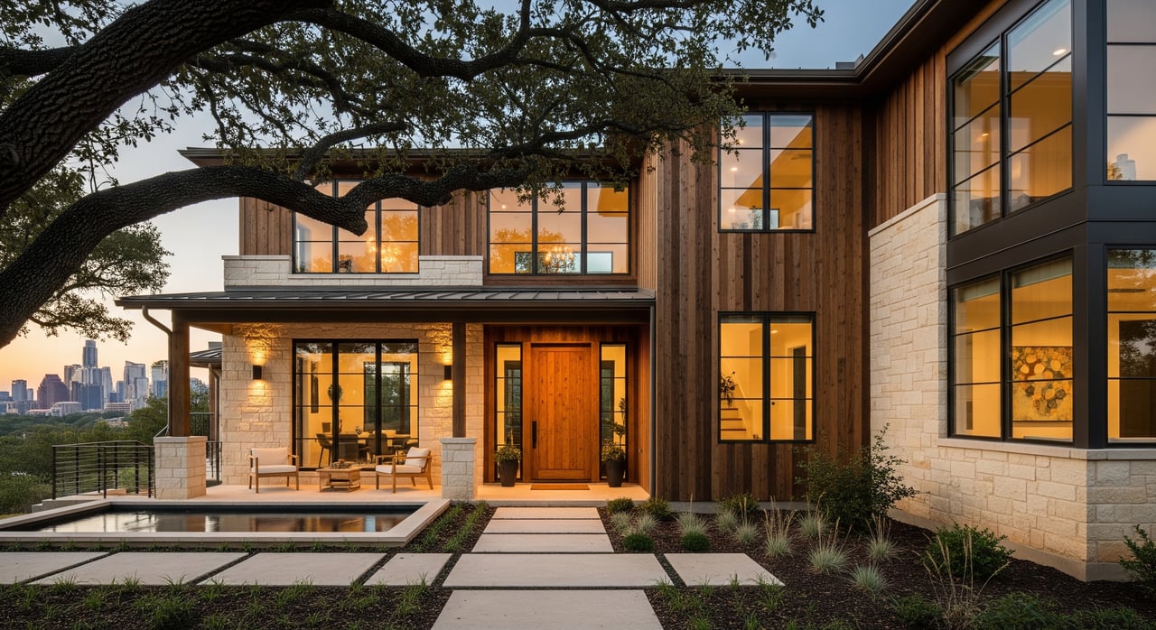 Modern two-story stone-and-wood house with glowing windows, framed by a sprawling oak and city skyline.