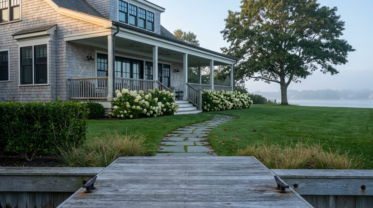 Wooden dock faces a shingle-sided home and covered porch across a broad lawn, with hydrangeas and a bluestone path.