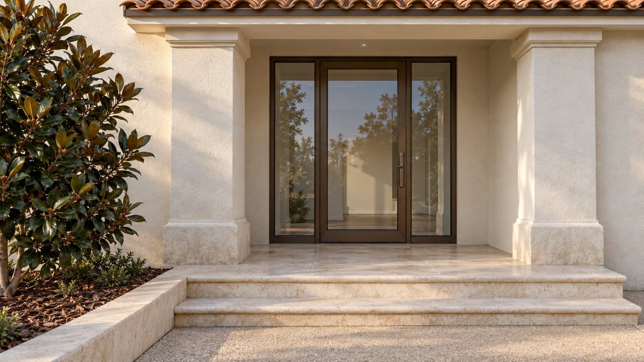 Cream stucco entrance with bronze-framed glass doors, pale limestone steps, clay roof tiles and a magnolia beside the approach.