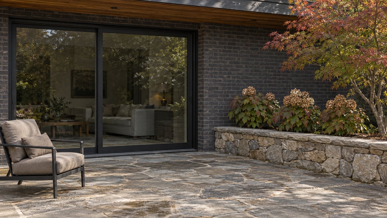 Stone patio beside dark brick home, with a sliding glass door, cushioned chair, and autumn foliage.