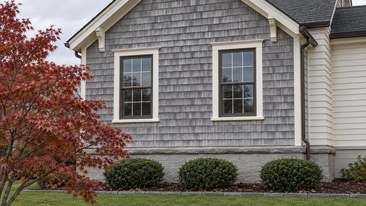 Gray-shingled front gable with paired multi-pane windows, ivory trim, and a copper-red ornamental maple above a defined foundation bed.
