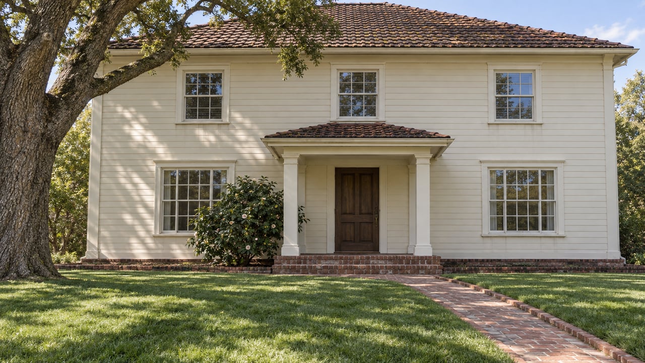 Traditional ivory-sided home with a clay-tile roof, brick entrance path, deep green lawn and mature oak canopy.