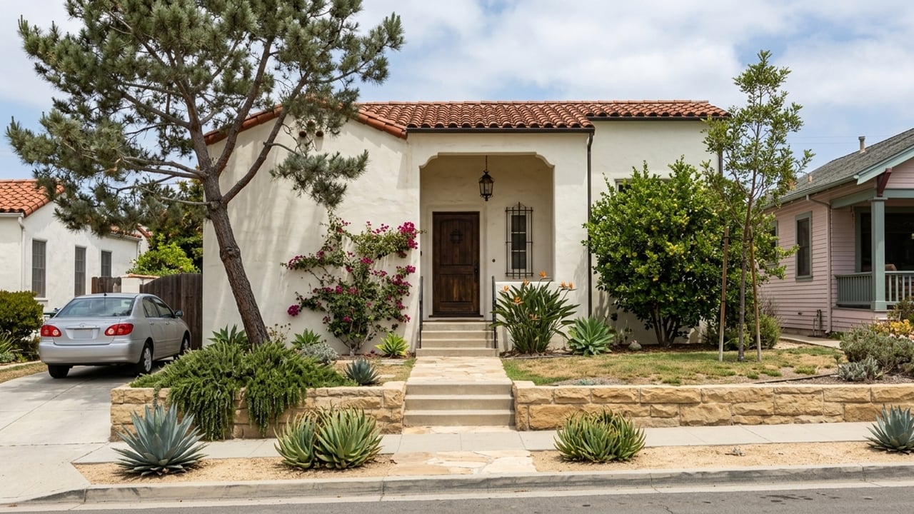 White stucco house with a terracotta tile roof, arched entry, and landscaped front yard.