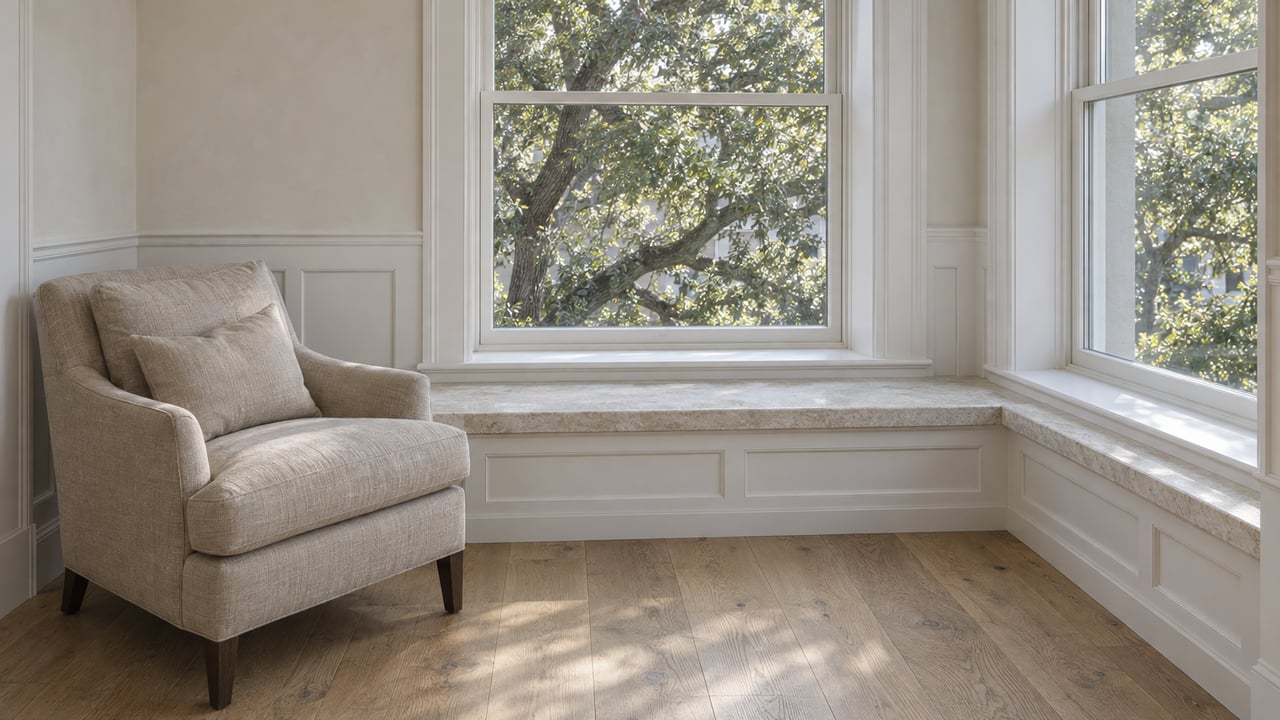 Soft daylight falls across an oak-floored condo sitting room with white paneling, a limestone window bench and a linen lounge chair.
