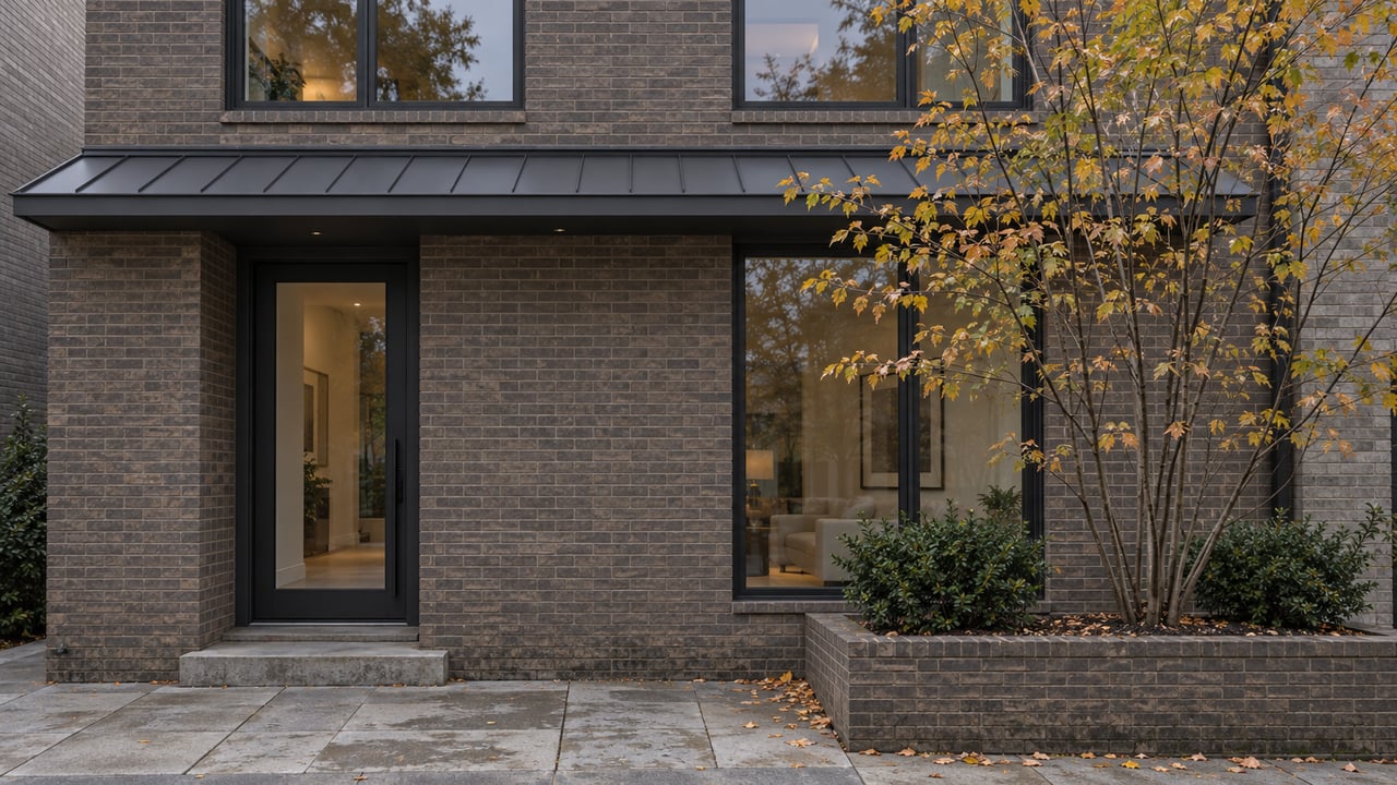 Brick townhome with recessed glass entry, black-framed windows, and a tree in raised planter.