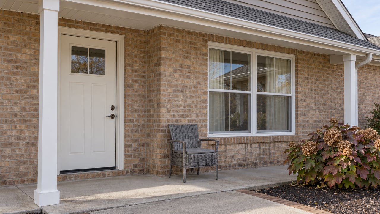 Buff-brick single-story home's sheltered ivory front door and white-framed window, with weathered concrete paving and autumn oakleaf hydrangeas.