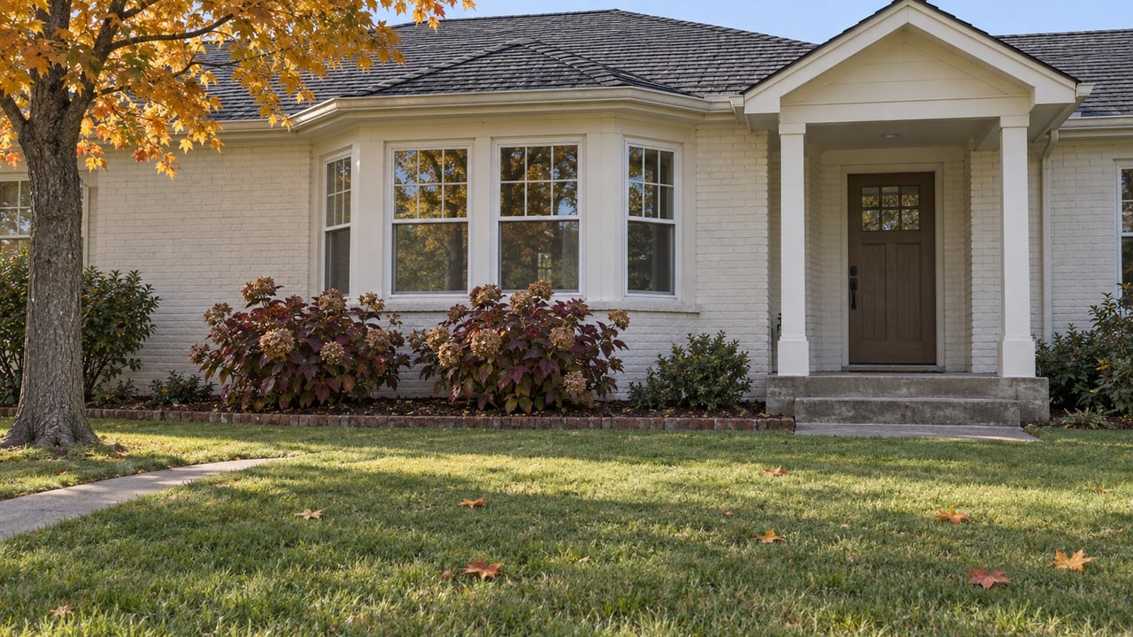 A painted-brick cottage beyond a deep autumn lawn, with amber maple branches, sash windows and a small covered entry.