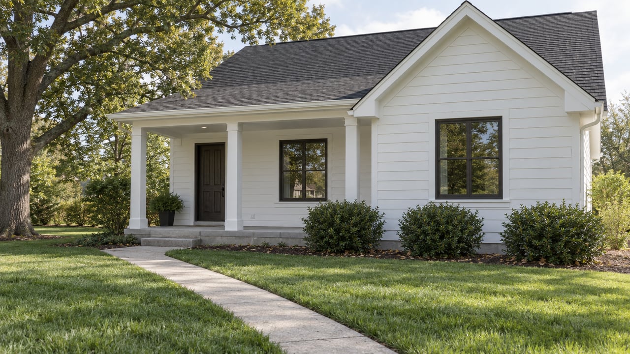 White-sided suburban house with a covered porch, front gable, diagonal walkway, and mature tree.