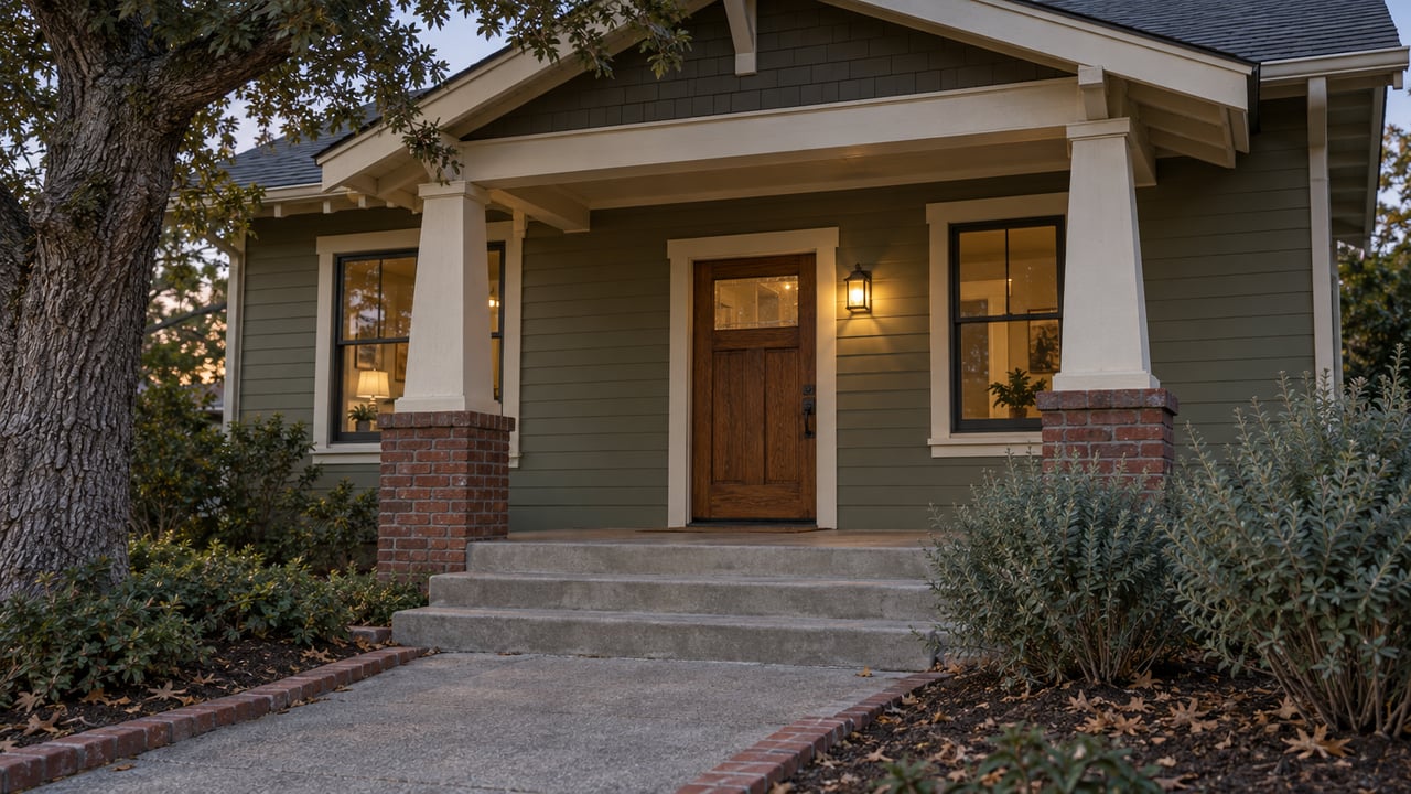 An olive clapboard bungalow porch at twilight, with brick piers, concrete steps and warm light beside a closed oak door.