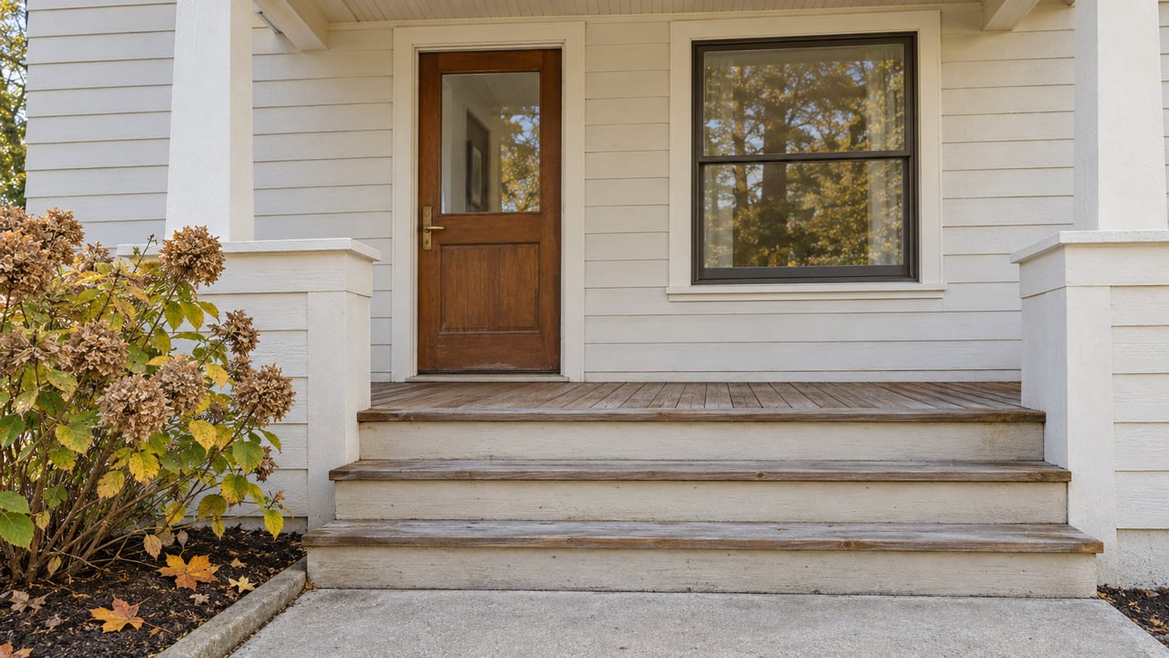 Off-white clapboard home with a glazed wood entry door, cedar porch steps, and one hydrangea with autumn flower heads.