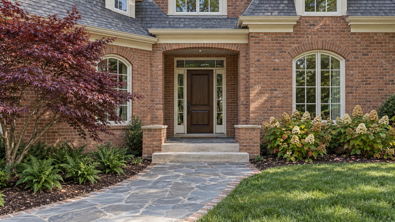 Brick home with an oak front door, arched windows, stone entry steps and carefully edged planting beds.