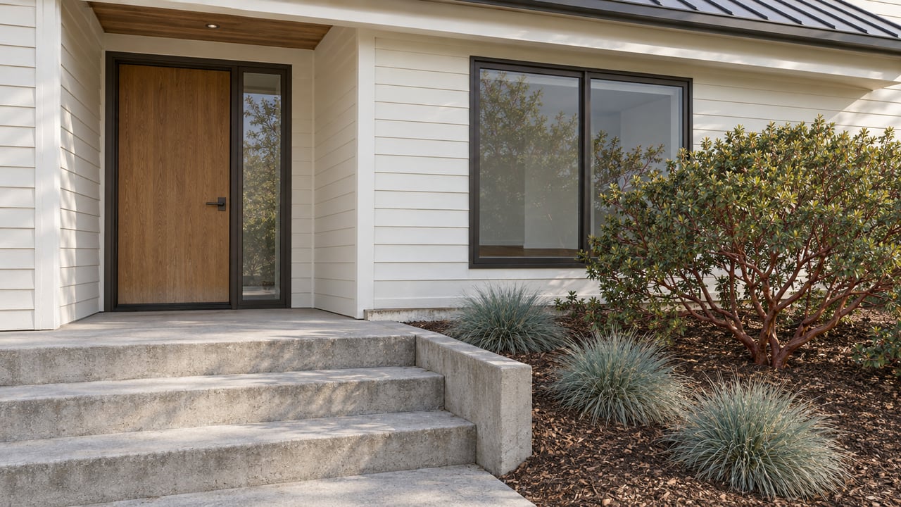 Oak front door and bronze-framed window above concrete steps, beside a red-branched manzanita on a raised planted bank.
